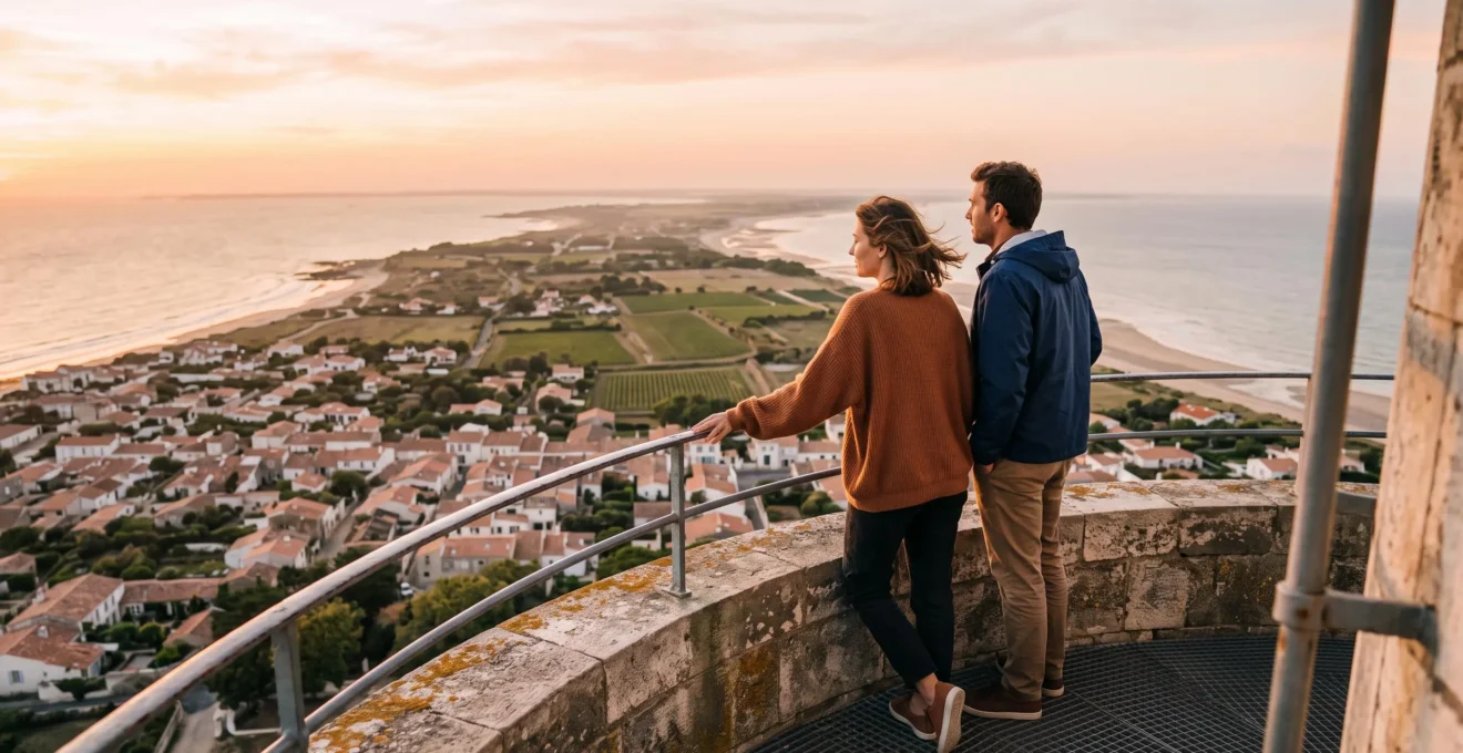 A couple looks out over rooftops and the Atlantic coast from a lighthouse platform.