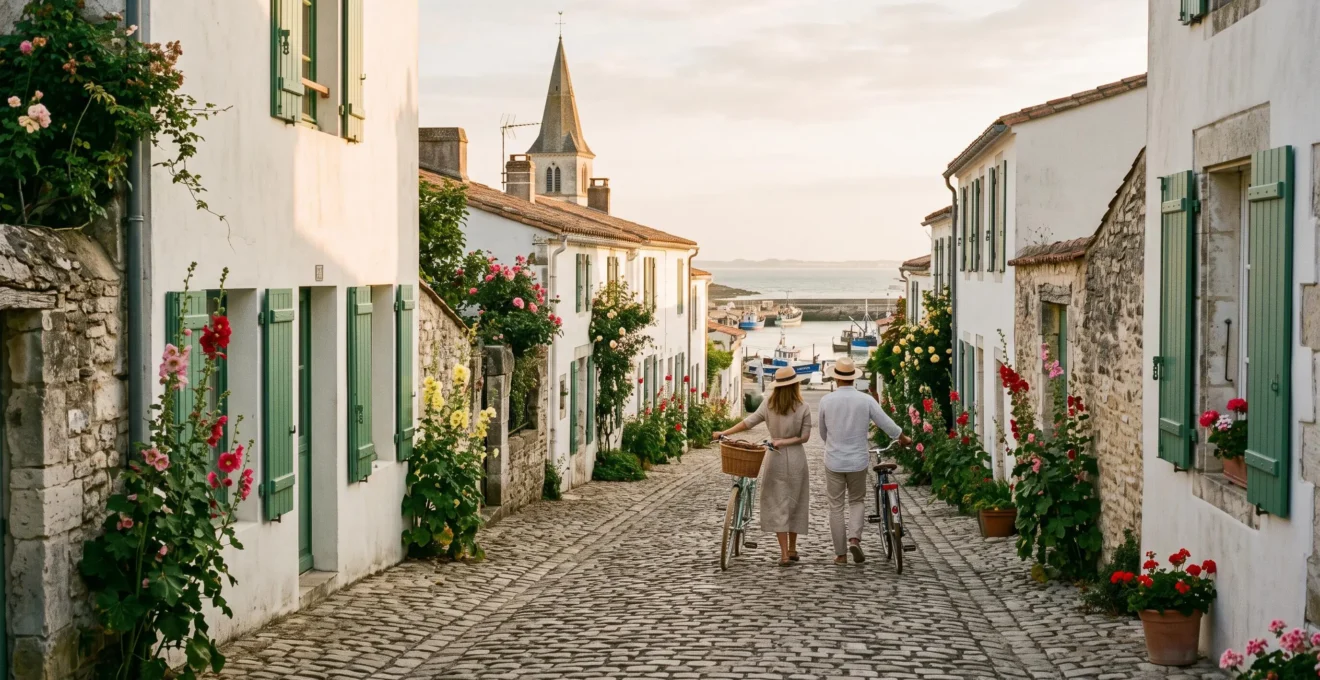 A couple walks with bicycles through a whitewashed village lane on Île de Ré.