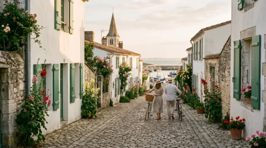 A couple walks with bicycles through a whitewashed village lane on Île de Ré.