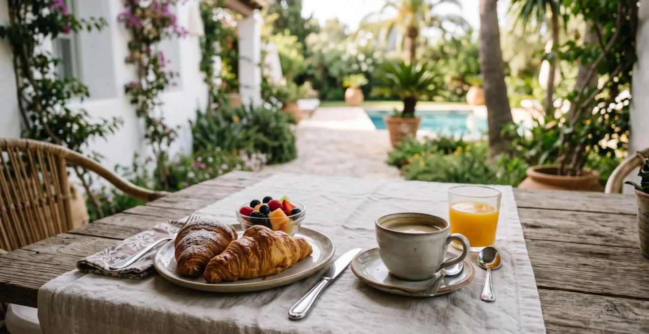 A refined breakfast with croissants and coffee on a shaded hotel terrace.