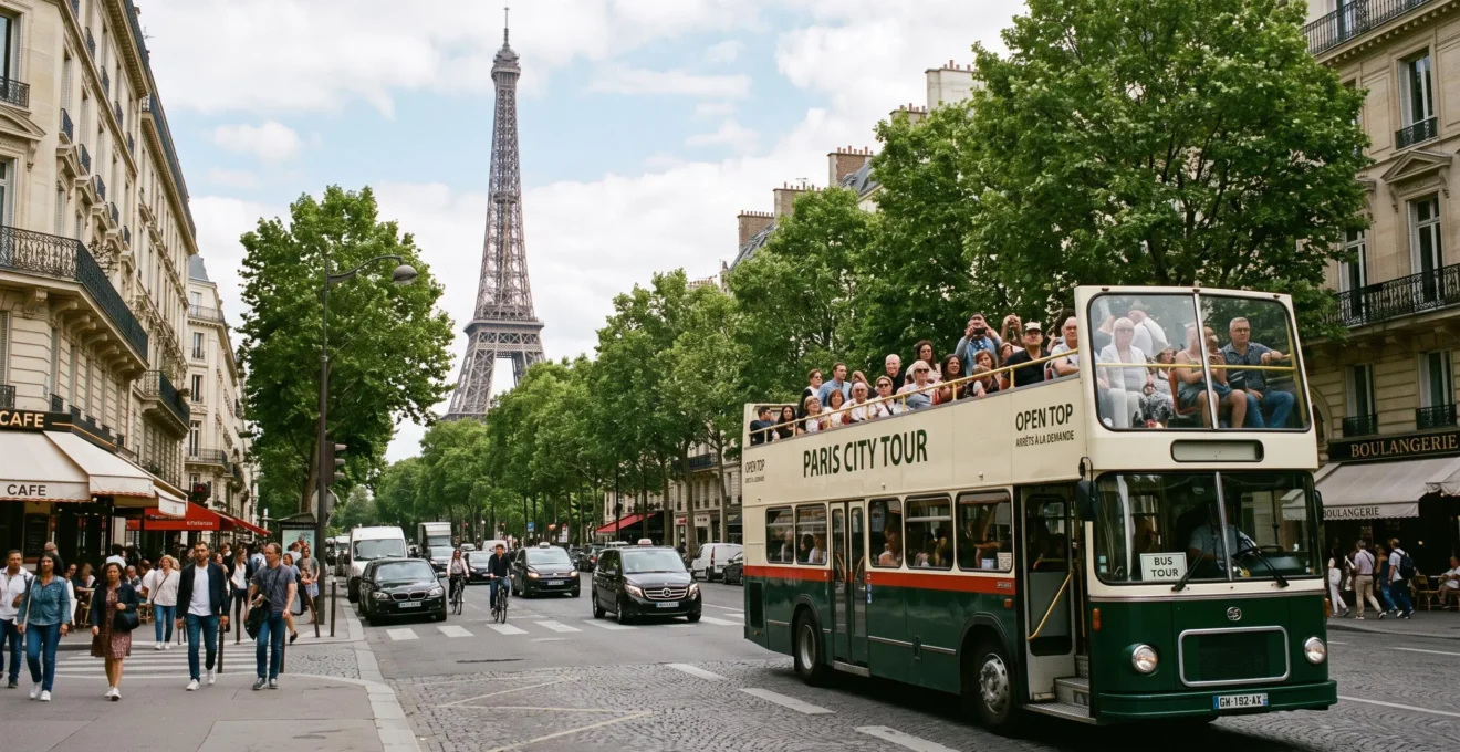 Open-top sightseeing bus travelling near the Eiffel Tower in Paris