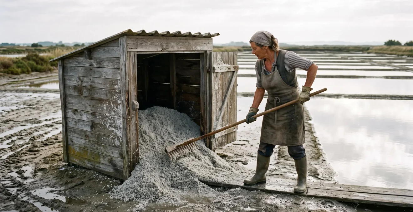 A salt worker rakes coarse sea salt beside evaporation ponds on Île de Ré.